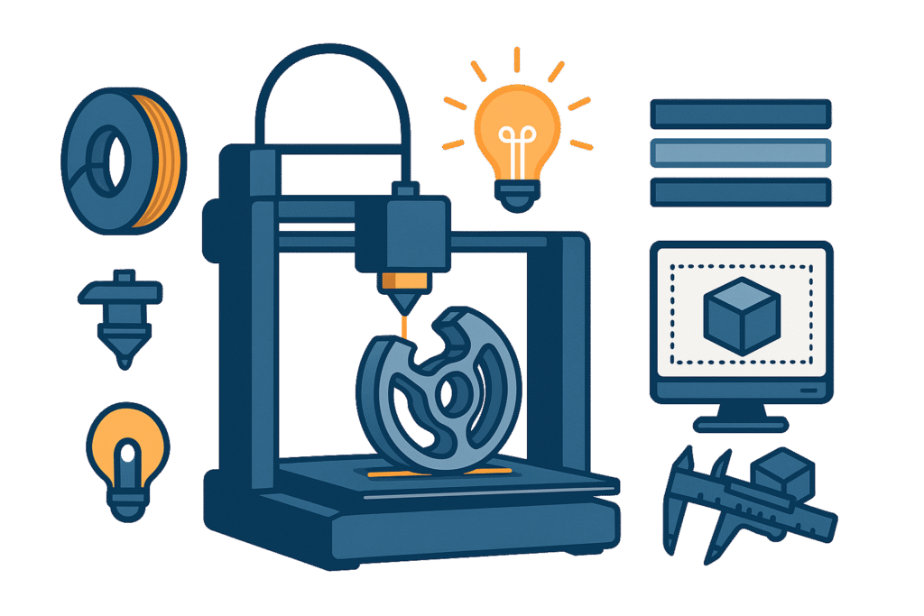 Vector banner of a 3D printer creating a mechanical part with icons of filaments and tools, symbolizing 3D printing tips and tricks from RenderWrench.