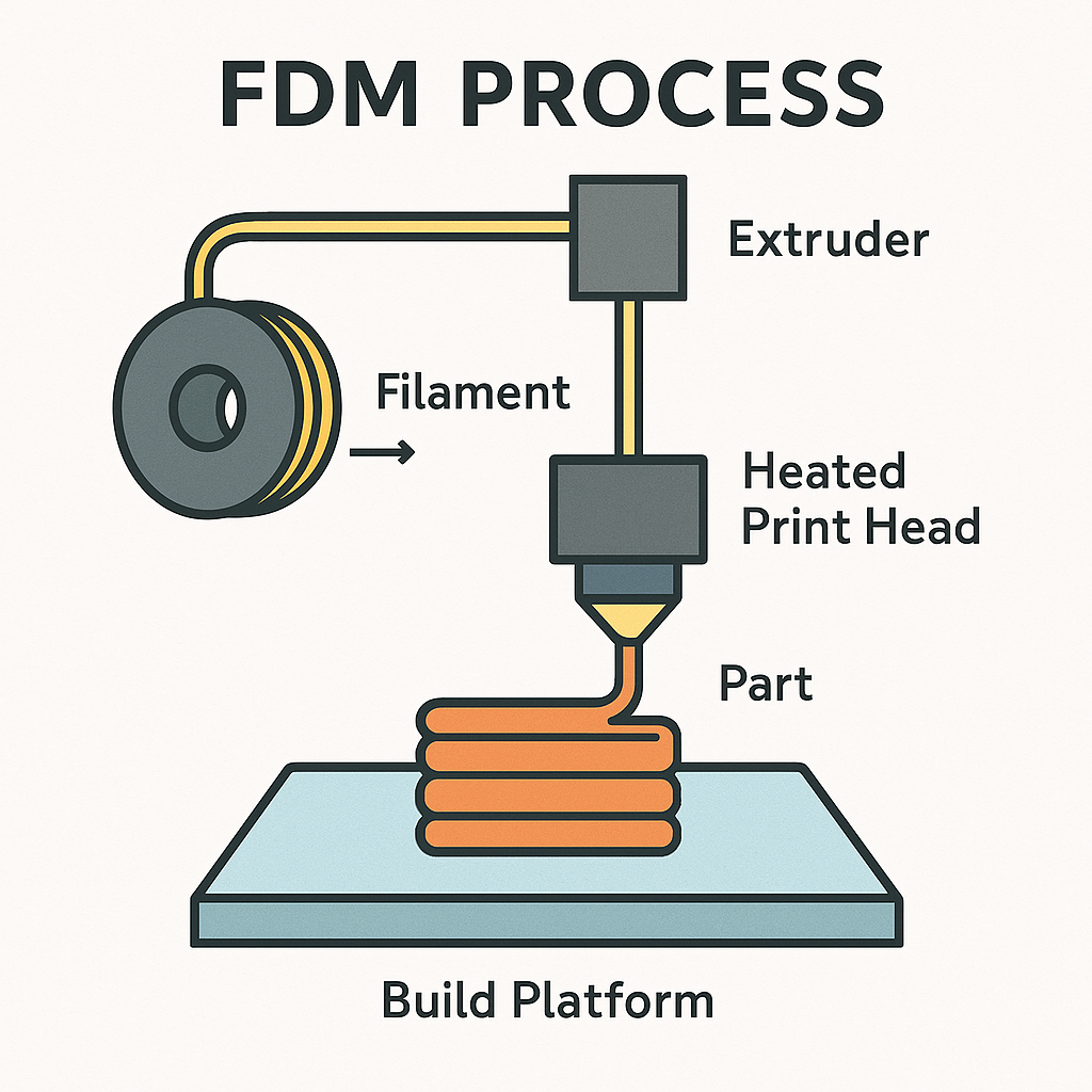 A clear block diagram of the FDM 3D printing process showing filament feeding, heated nozzle extrusion, and layer-by-layer part formation. Ideal for beginners learning how Fused Deposition Modeling works