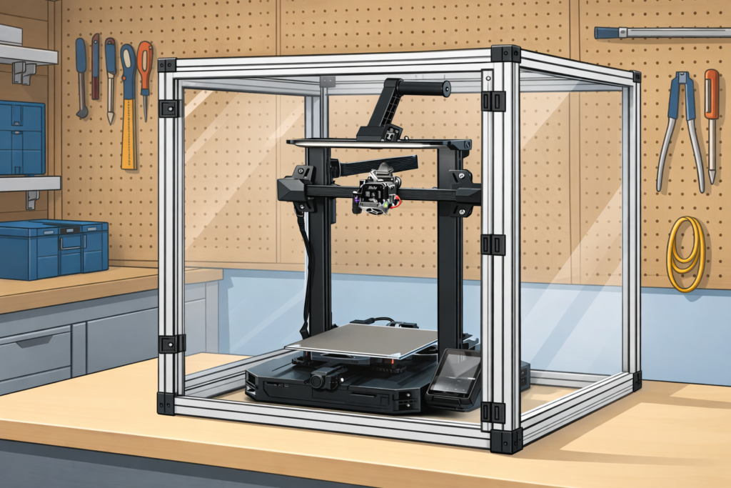 A renderwrench graphics that shows a 3d printer in a enclosure. that solves ABS printing problems.