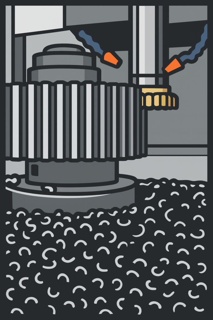 This is a vector image of gear manufacturing Process called shaping. in the image shaping tool cutting gear tooth on a blank by moving vertically.
