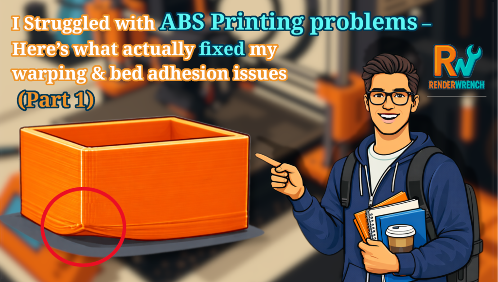 ABS printing problems illustrated with a warped ABS 3D printed part and a vector character pointing at the failure