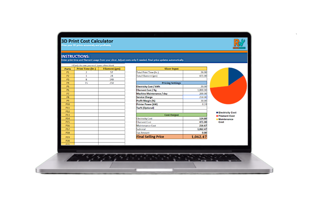 image of a laptop. on screen best 3d cost calculator.