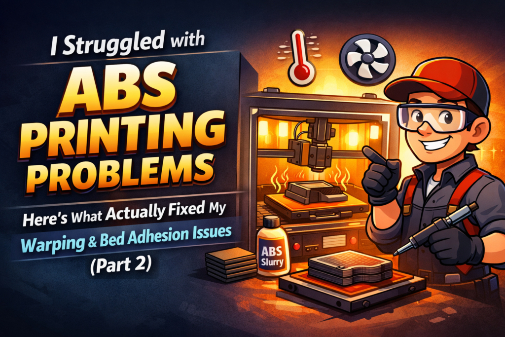 ABS printing problems explained, showing warped ABS print, heated enclosure, and tools used to fix bed adhesion issues
