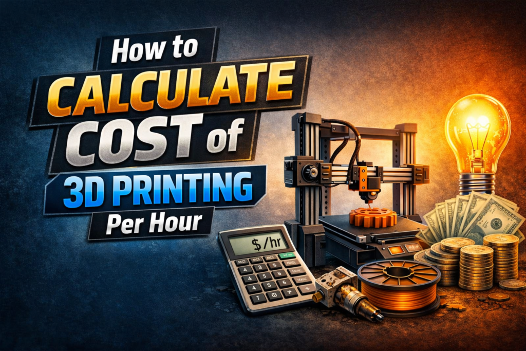 Minimal premium landscape featured image for blog post showing a 3D printer, calculator, filament spool, and money elements illustrating how to calculate cost of 3D printing per hour.