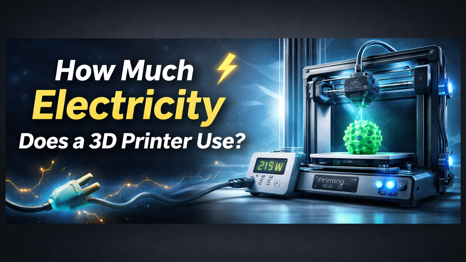 banner visual explaining how much electricity does a 3D printer use, featuring a 3D printer in operation with live watt and power consumption display.