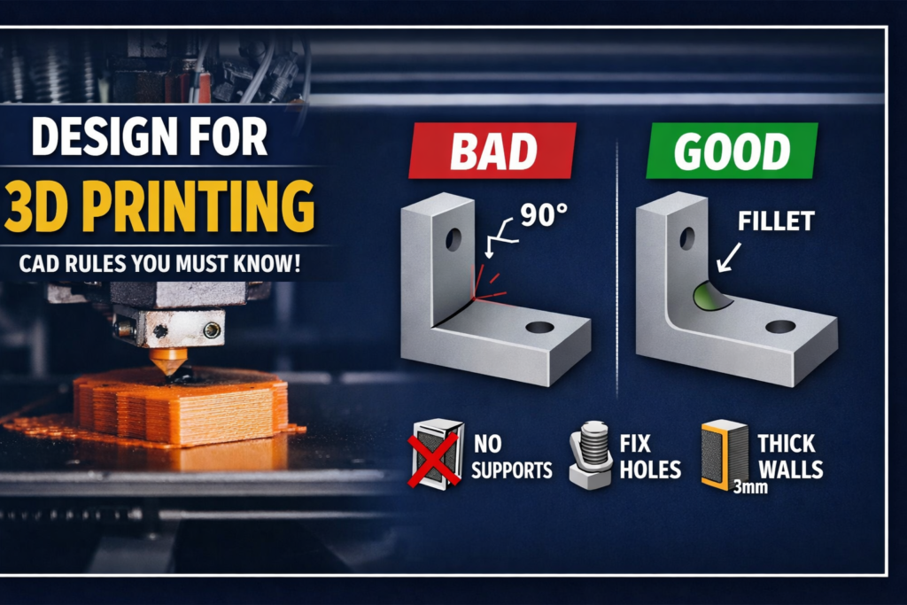 Design for 3D printing thumbnail showing CAD design rules, comparing bad vs good geometry with overhang angle, fillet, and optimized 3D printable part.